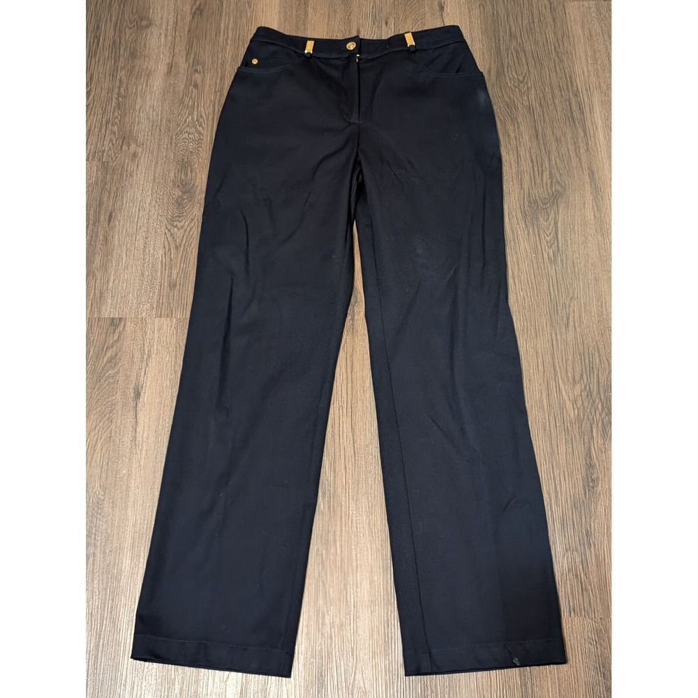 St John Sport Marie Gray Navy Blue Straight Leg Pants Gold Hardware Size 8 USA